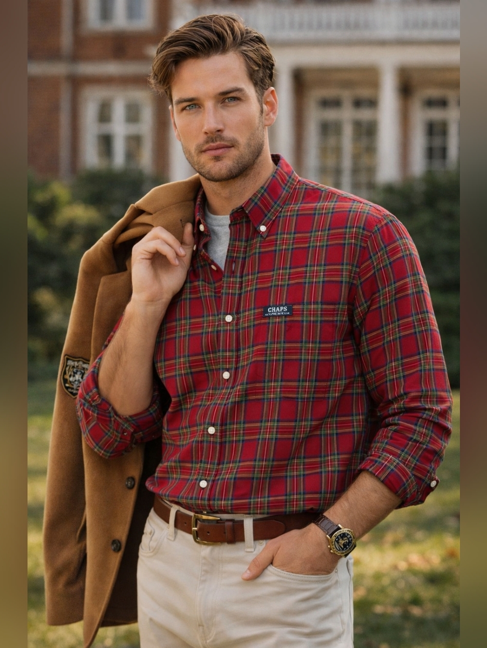 CHAPS RALPH LAUREN Shirt Mens Medium Red Green Plaid Preppy Classic Button Down
